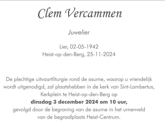 rouwbrief Clem Vercammen juwelier