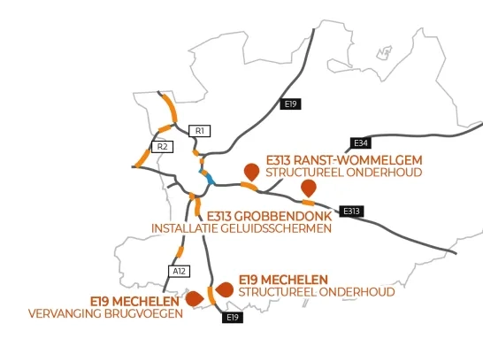 kaart provincie Antwerpen grote werken Agentschap Wegen en Verkeer E19 E313