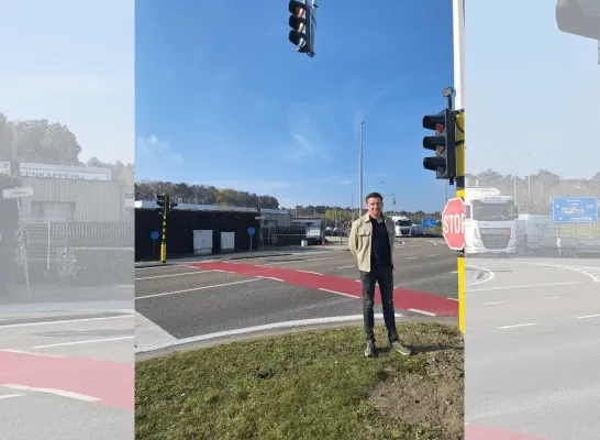 Schepen van mobiliteit Stein Voet bij het kruispunt kruispunt Nieuwe Baan - Hezemeer
