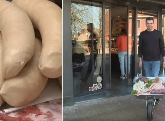 Kruiwagens vol vlees bij slagerij in Olen