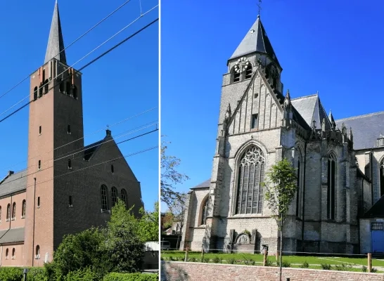 De Onze-Lieve-Vrouwe Koningin van de Vredekerk (links op de foto) krijgt een andere invulling na meer dan tachtig jaar. De kerkfabriek gaat verder in de Sint-Lambertuskerk (rechts op de foto).